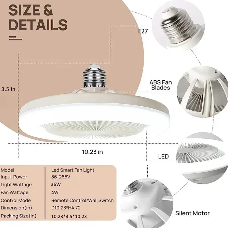 Luz de ventilador LED com controle remoto e base de iluminação, luz de ventilador de teto 2-em-1 para iluminação